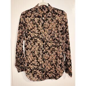 MNG Collection XS Black Floral Sheer Button Up Long Sleeve Top